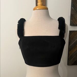 Black Faux Fur Strap Crop Top